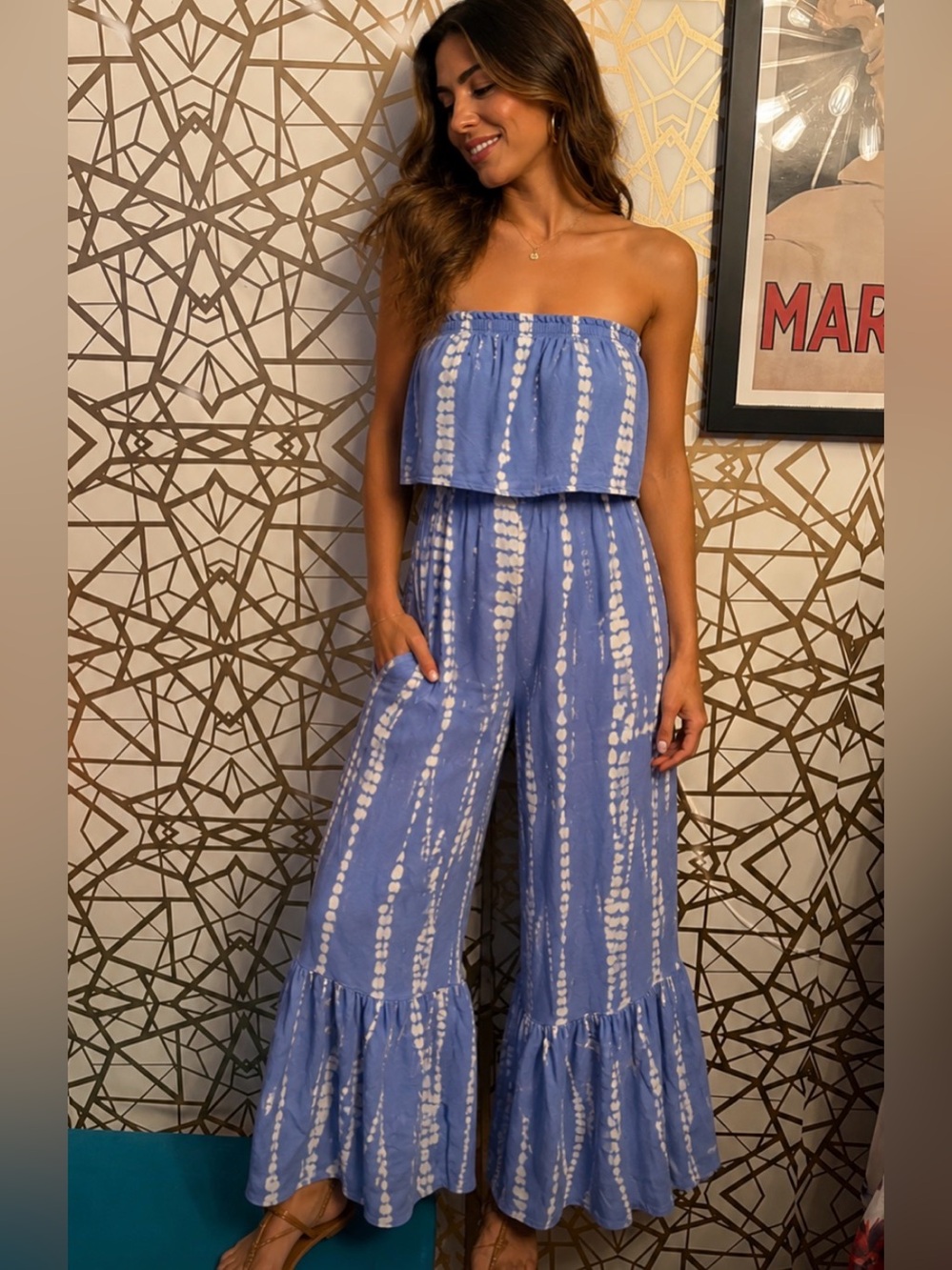 Japna strapless jumpsuit adorned in a blue and white tie-dye pattern, Small